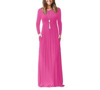 AUOMITH Women’s Long/Short Sleeve Loose Plain Maxi Casual Empire Waist Long Dresses with Pockets, Long-sleeve-hot Pink, 3XL