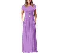 AUOMITH Women’s Short Sleeve Loose Plain Summer Maxi Casual Empire Waist Long Dresses with Pockets, Lilac Purple, XX-Large