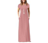 AUOMITH Women's Long/Short Sleeve Loose Plain Long Casual Empire Waist Maxi Dress with Pockets, Light Pink, L