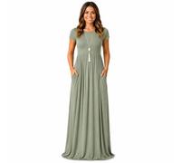 AUOMITH Women's Short Sleeve Loose Plain Long Casual Empire Waist Maxi Dress with Pockets, Sage, L