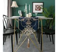 auons Vintage Jacquard Table Runners Elegant Chenille Embroidered Table Dresser Scarf with Tassels for Dining Room Coffee Table, Light Luxury Style, Blue, 13x95 inch