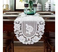 auons White Lace Table Runner Dresser Scarf Crochet Oval Peony Floral Table Doilies Elegant Table Placemats for Home Banquet Festival Party Wedding Decor, 12 x 18 Inch