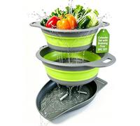 AUOON Collapsible Colander Set (3QT + 4QT) with Draining Base, Gray+Green | Fast Draining, Heat-Resistant, Dishwasher Safe, Space-Saving, Food-grade TPE & PP for Pasta Noodles Vegetables and Fruits