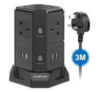 AUOPLUS 3M Tower Extension Lead, Black, 6 Outlets, 4 USB Ports