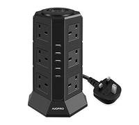 AUOPRO Surge Protector Extension Lead with USB Slots, Vertical Tower Power Strip Switched Desktop Charging Station, 12 Socket and 5 USB Slots, 2 Metre Extension Cable