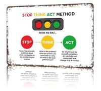 AUOQKQUT Stop Think Act Quirky Metal Sign Rustic Retro Decor for Breakroom Lunch Room Employee Lounge Staff Area 8 X 12 inch