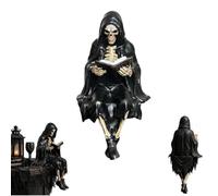 AUOQZ Gothic Dark Fantasy Skeleton Figurine 2026 Shadow Horror Reading Book Shelf Sitter Winged Figure Grim Reaper Resin Statue Home Decor Reader Death Seated Figurines Sculptures