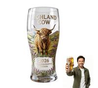 AUOQZ Highland Cow Commemorative Glass Personalised Scottish Cows Stained Pint Glasses for Beer Beverages Milk Crystal Landscape Pattern Glass Stuff Gift for Highland Cow Lovers (550ml Transparent)