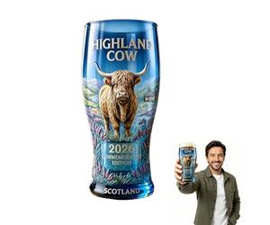 AUOQZ Highland Cow Commemorative Glass Personalised Scottish Cows Stained Pint Glasses for Beer Beverages Milk Crystal Landscape Pattern Glass Stuff Gift for Highland Cow Lovers (550ml Blue)