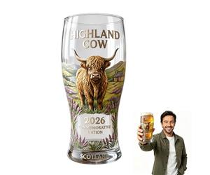 AUOQZ Highland Cow Commemorative Glass Personalised Scottish Cows Stained Pint Glasses for Beer Beverages Milk Crystal Landscape Pattern Glass Stuff Gift for Highland Cow Lovers (550ml Transparent)