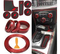 Auovo Anti Dust Mats and Trim for Dodge Charger Accessories 2015-2021 6PC Cup Inserts Mats 3 PCS A/C Volume Radio Switch Ring 5 Meters Car Interior Moulding Strip Trim Decal(RED, 3 in 1 Kit)