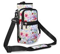 AUPET Water Bottle Sling Bag Sleeve Holder Carrier 25/32/40/64 oz,Insulated Crossbody Water Bottle Case Cover with Strap and Pockets for Men/Women Walking Hiking (Doodle-Style Flower, 25oz)