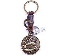 AuPra Pisces Zodiac Leather Keyring Best Friend Gift Idea Women & Men Safe House Keychain Fishes Horoscope Simbol Charm Girl & Boy Friendship Small Present Car Key Ring Pendant
