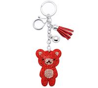 AuPra Red Teddy Bear Tassel Women KeyRing Gift Idea Lady Girlfriend Crystal Bling Clips Animal KeyChain Mum Friendship Small Surprise Rhinestone Present Home Car Bag Key Chain Ring