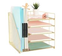 AUPSEN Desk Organizer with File Holder, 5 Trays Paper Letter Tray Organizer, Mesh Desk Organizers and Accessories for Home Office Supplies (Gold)