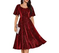 Aupuls Square Neck Midi Length Sequin Dresses Elegant Easter Dress for Women Formal Evening Gown AUPG025N Burgundy XL