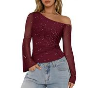 Aupuls Women Off One Shoulder Mesh Top Bell Sleeve Going Out Tops Country Concert Outfits AUPG031 Burgundy L