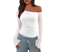 Aupuls Womens Bell Sleeve Tops Off One Shoulder Sparkly Mesh Shirt Ruched Going Out Top Concert Outfits AUPG031 Silver M