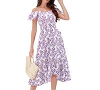 Aupuls Women's Summer Dress A Line Flowy Floral Midi Dress Purple Ruffle Cold Shoulder Boho Casual Spring Wedding Guest Dress PurpleFloral S