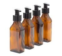 Aura 100Ml Empty Rectangular Amber Glass Bottle With Black Pump - Pack Of 4 (Soap Dispenser, Shampoo, Body Lotion)