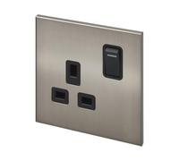 Aura 13 Amp Single Plug Socket - Switched 1 Gang Socket with Modular Faceplate - Double Pole, 25mm Box - Modern, Easy to Install, Premium - Aligns with BS1363, CE & RoHS Standards - Brushed Nickel