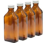 Aura 200Ml Empty Rectangular Amber Glass Bottles With Silver Lids - Pack Of 4 (Soap Dispenser, Shampoo, Body Lotion)