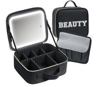 Aura In Bloom Makeup Bag with LED Mirror - Travel Cosmetic Organizer with Lighted Mirror, Adjustable Dividers & Brush Holder Storage - Portable PU Leather Makeup Case for Women & Girls, Black