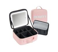 Aura In Bloom Makeup Bag with LED Mirror - Travel Cosmetic Organizer with Lighted Mirror, Adjustable Dividers & Brush Holder Storage - Portable PU Leather Makeup Case for Women & Girls - Pink, Pink