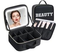 Aura In Bloom Makeup Bag with LED Mirror - Travel Cosmetic Organizer with Lighted Mirror, Adjustable Dividers & Brush Holder Storage - Portable PU Leather Makeup Case for Women & Girls - Black, Black