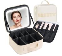 Aura In Bloom Makeup Bag with LED Mirror - Travel Cosmetic Organizer with Lighted Mirror, Adjustable Dividers & Brush Holder Storage - Portable PU Leather Makeup Case for Women & Girls - Cream, Cream