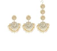 AURA MART Golden Tone Kundan & Pearls Traditional Earring & Maangtikka Set for Women