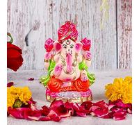 AURA MART Mitti Ganesh Idol | Eco-Friendly Mud/Clay 4 Bhuja Colorful Ganesh Murti | Ganpati Figurine for Visarjan | Biodegradable Ganesha Statue
