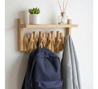 AURA NEST Bamboo Wall-Mounted Coat Rack with Retractable Hooks (Natural Bamboo, 5-Hook with Shelf)