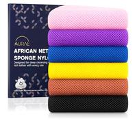 AURAE Multi Colour African Net Sponge 6 Piece Set - Authentic African Exfoliating Net Sponges for Bath & Shower, Soft, Durable & Quick-Drying Back Scrubber & Body Exfoliator - 6 Colours