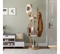 AuraFurn Wooden Rotating Coat Rack Freestanding, 360° Swivel Tree Coat Stand with 3-Tier Storage Shelves & 9 L-Shaped Hooks, Solid Wood Clothes Hat Handbag Tree Hanger for Hallway Bedroom, Natural