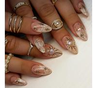 AuraFusion 24 Piece Gold Press On Nails with Jelly Gel Set - French Tips Nails with Diamond Star Design - Suitable for Women and Girls