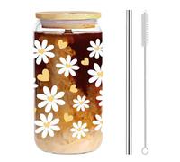 AuraFusion Aesthetic Glass - 16 oz Flower Glass Cup with Lid and Straw, Floral Pattern Design, Ideal for Iced Coffee, Smoothies and More