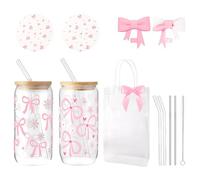 AuraFusion Aesthetic Glass Cups - Set of 2, 16 oz Glass Tumblers with Butterfly Bow and Floral Pattern, Pink Ladies' Gift Set including Lids and Straw