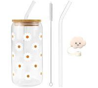 AuraFusion Gläser mit Lid and Straw - 1 Piece Floral Motif Glass Cup, Cleaning Brush, Cloud Lid, Aesthetic Drinking Glasses for Smoothies & Beverages