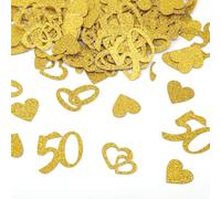 AuraFusion Golden Wedding Table Decor 100 Pieces Glitter Confetti with Numbers 50, Rings and Hearts, Double-Sided, for 50th Anniversary and Wedding Day