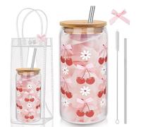 AuraFusion Kirschglas with Lid and Straw - Aesthetic Glass Cup with Gift Bag, 16 oz, Ideal for Coffee, Juice & Smoothies