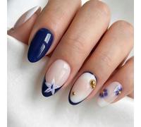 AuraFusion Press On Nails False Nails Fake Nails 30 Pcs For Women Girls Beginners For Office Daily Wear Wedding Date Party Short Almond Blue White French Flower Gold Pearl