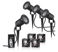 Auraglow Deep Recessed GU10 Holder Garden Spike Light Outdoor Uplighter & RF Remote Control Colour Changing LED Light Bulb Bundle - Four Pack