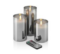 Auraglow Flameless LED Candles Set of 3, Smoked Glass with Remote | Real wax flickering flame effect, timer 2 4 6 8 hours, dimmable, battery operated, 10 12.5 and 15cm, home decor