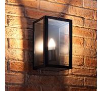 Auraglow Glass Box Wall Lamp Black with E27 LED Bulb, Warm White | IP44 outdoor aluminium lantern, clear panes, glow from all sides, fixings included, for porch and front door