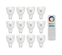 Auraglow GU10 CCT LED Bulbs 12 Pack with Remote, Dimmable 2700K-6500K | 5W dual white spotlights, 50W equivalent, daylight to warm settings, 8 zones, no hub needed, fits standard downlights