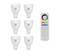 Auraglow GU10 CCT LED Bulbs 6 Pack with Remote, Dimmable 2700K-6500K | 5W dual white spotlights, 50W equivalent, daylight to warm settings, 8 zones, no hub needed, fits standard downlights