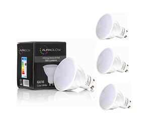 Auraglow GU10 LED Bulbs Cool White 5.3W Retrofit, 70W EQV, 4 Pack | 550 lumen daylight spotlights, 6500K, super bright for kitchen, office and work areas, energy saving