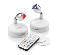 Auraglow Set of Two Wireless LED Battery Powered Indoor Spotlights with Remote Control, White Light and Colour Changing - Bedside, Reading, Cupboard, Picture and Display Lamps