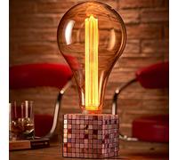 Auraglow Mysa Cube Table Lamp Mosaic Concrete with XXL LED Bulb | Colourful bedside or desk light, retro finish stone cement, giant amber globe included, 1.8m cable, UK and EU plugs